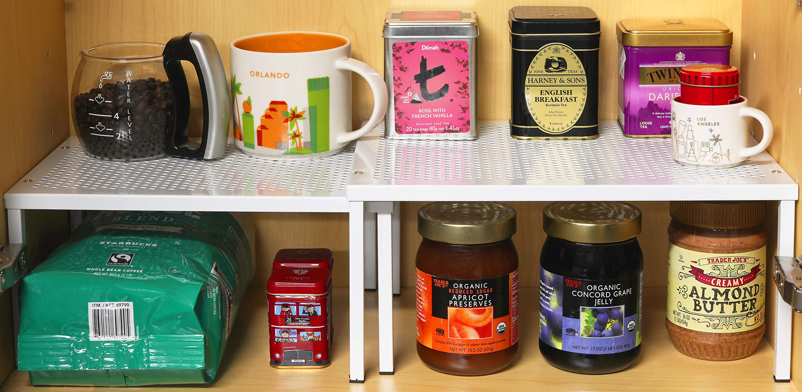 Simple Houseware organizer with two shelf sizes for flexible stacking
