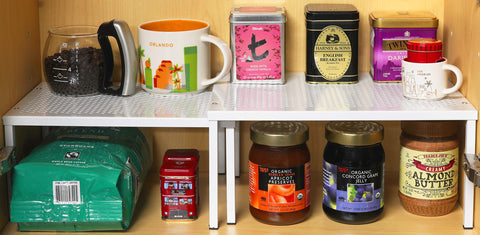 Simple Houseware organizer with two shelf sizes for flexible stacking