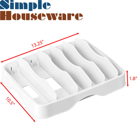 Simple Houseware lid-storage in use on a cabinet shelf.