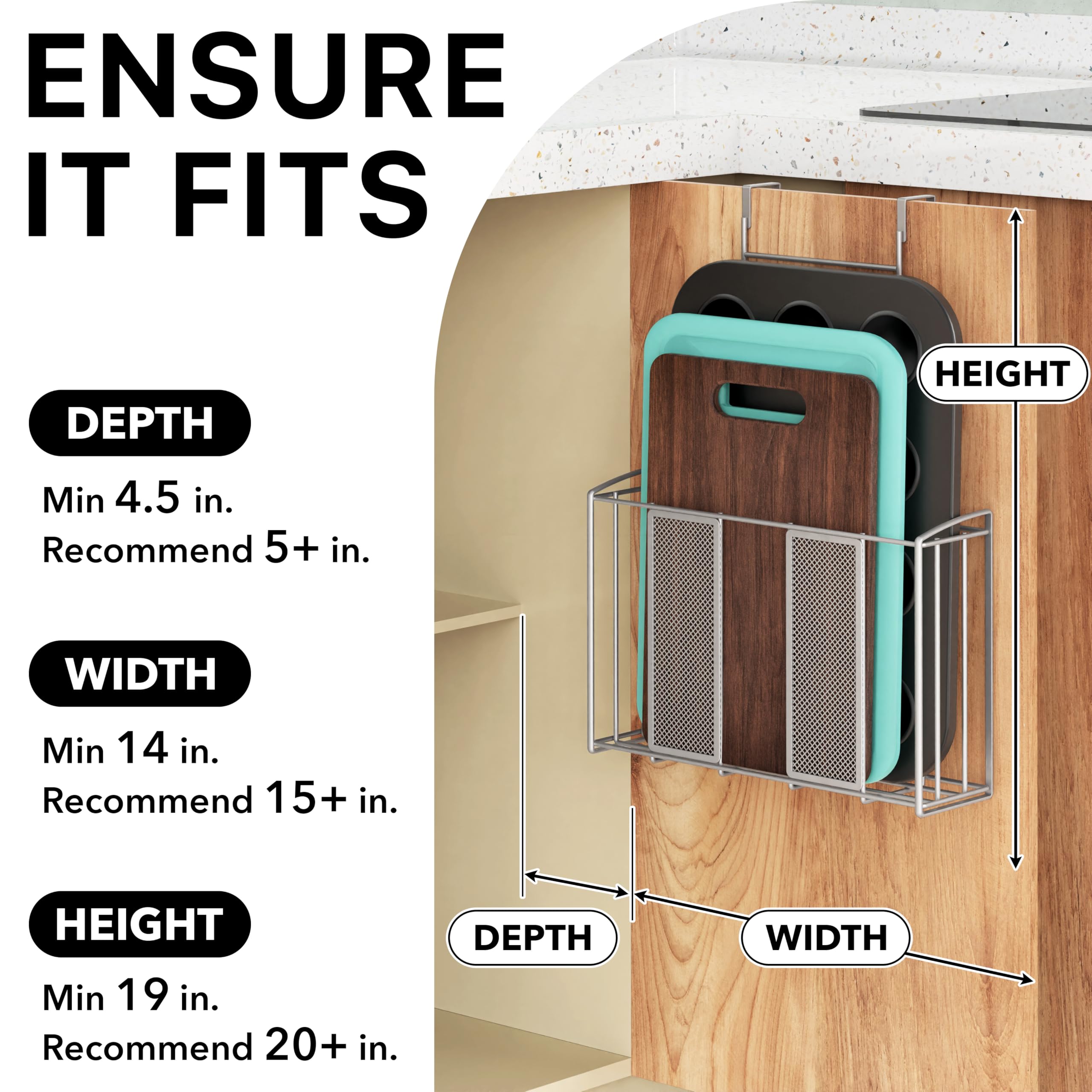 Simple Houseware over-cabinet-door-organizer mounted on door for easy grab-and-go storage.
