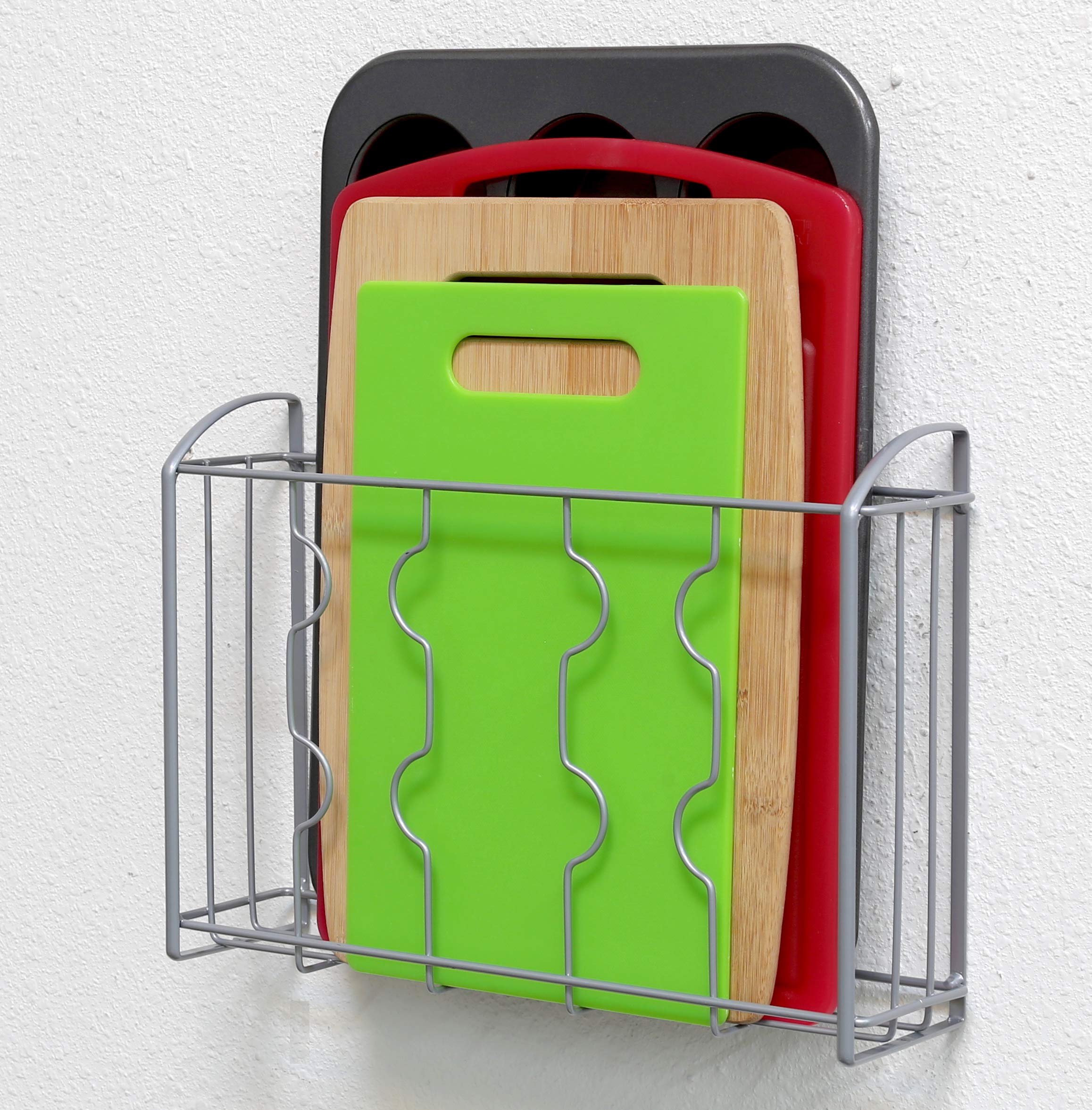 Simple Houseware silver storage solution behind a cabinet door for quick access