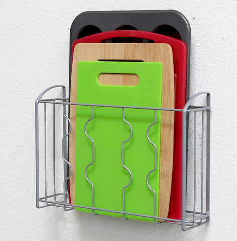 Simple Houseware silver storage solution behind a cabinet door for quick access