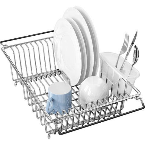 Simple Houseware over-sink dish drainer in chrome saves counter space while drying dishes.