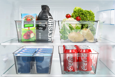Simple Houseware clear bin with cutout handles enables easy grab-and-go snacks.