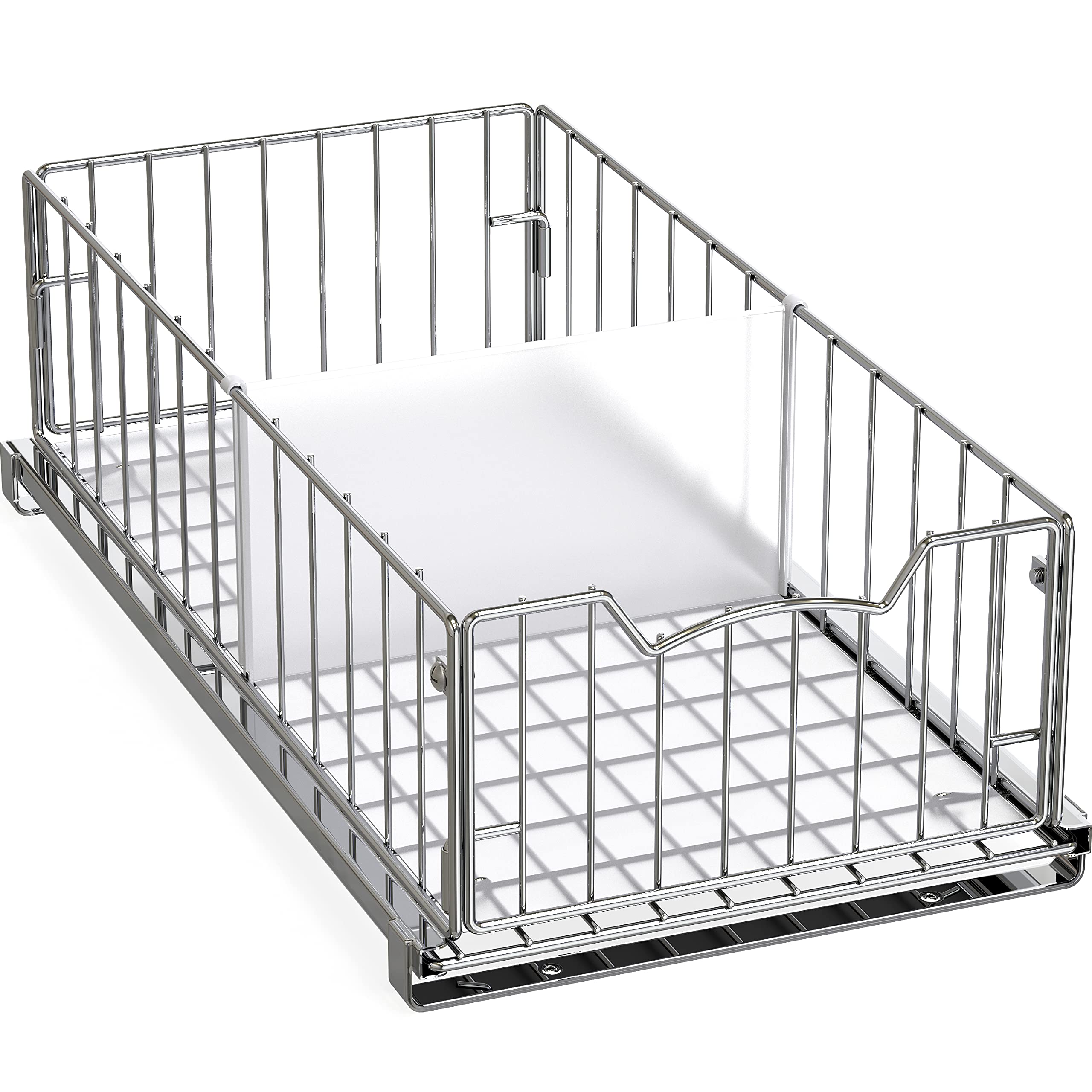 Simple Houseware pull-out basket in chrome front view for easy cabinet access