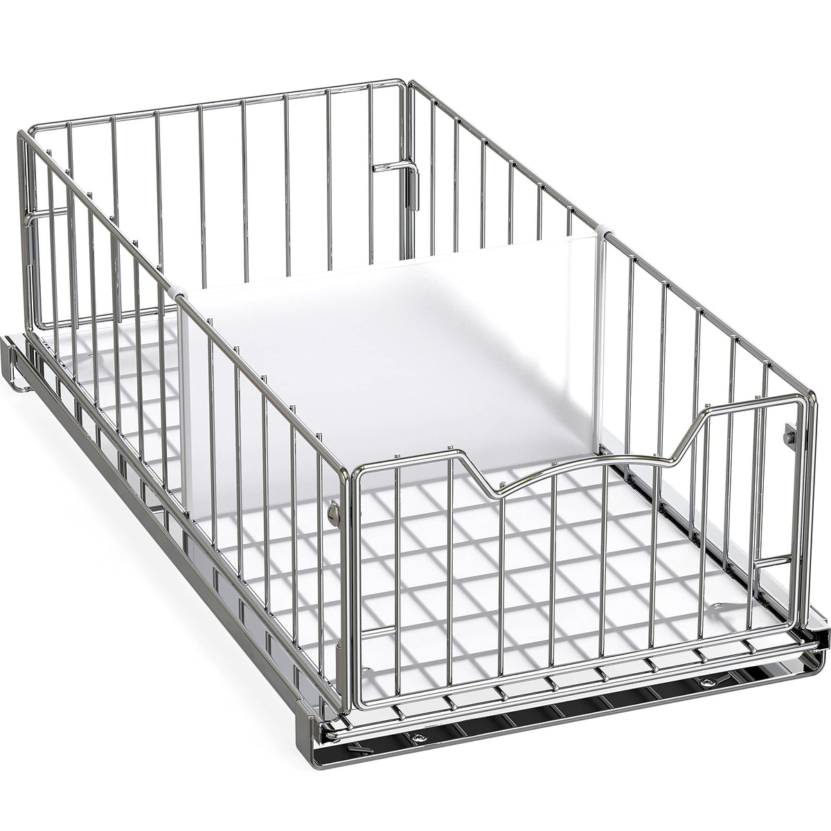 Simple Houseware pull-out basket in chrome front view for easy cabinet access