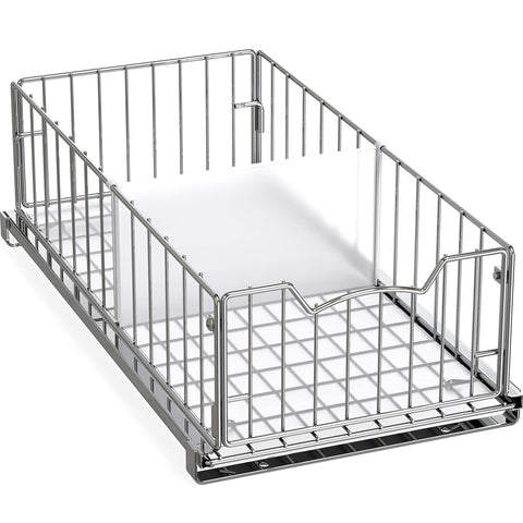 Simple Houseware pull-out basket in chrome front view for easy cabinet access
