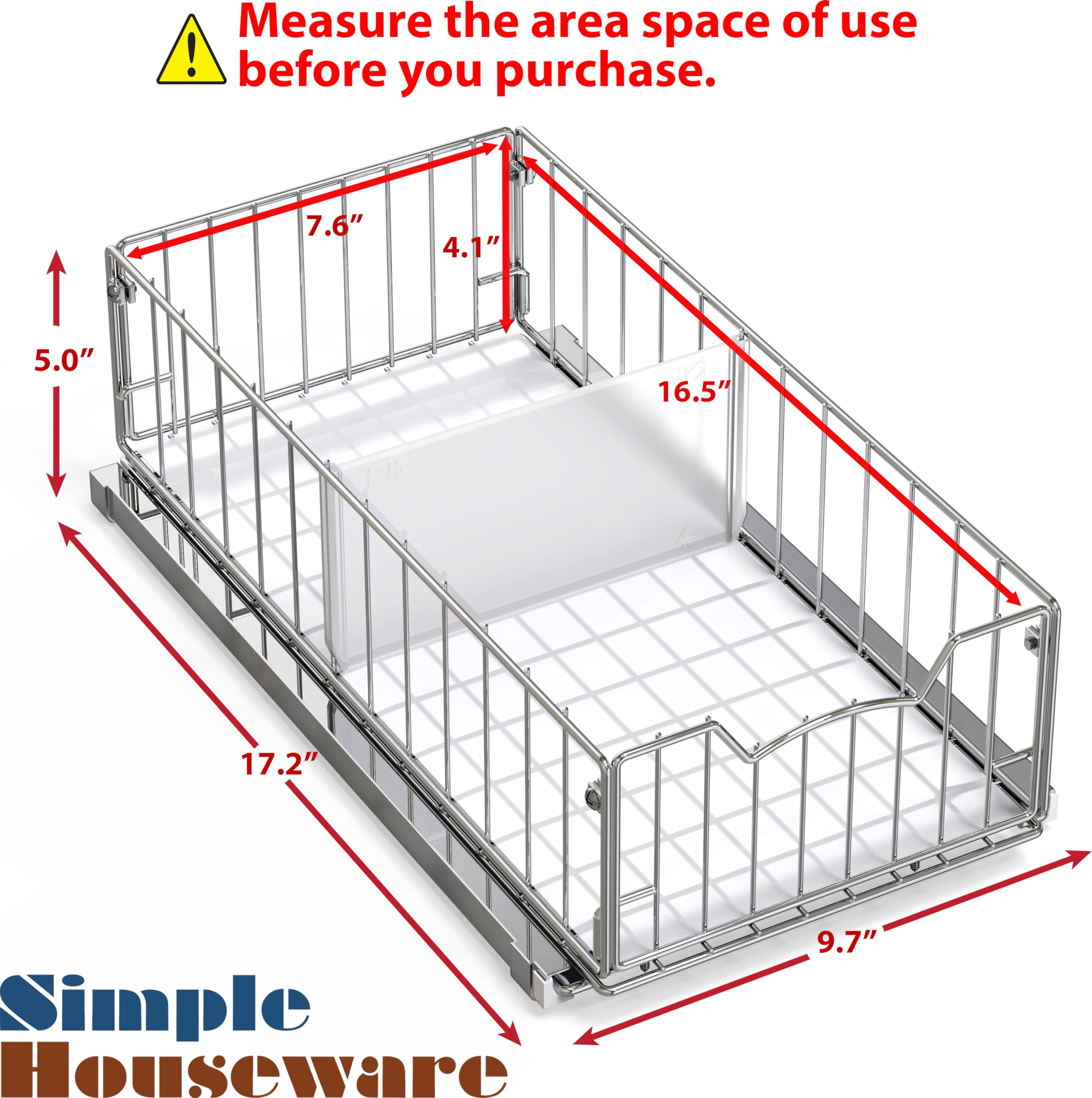 Simple Houseware pull-out basket chrome side view showing smooth glide