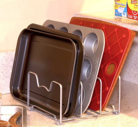 Simple Houseware 2-pack rack keeps bakeware accessible, neatly separated on shelves.