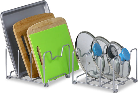 Simple Houseware rack in silver demonstrates durable steel construction for pan and lid organization.