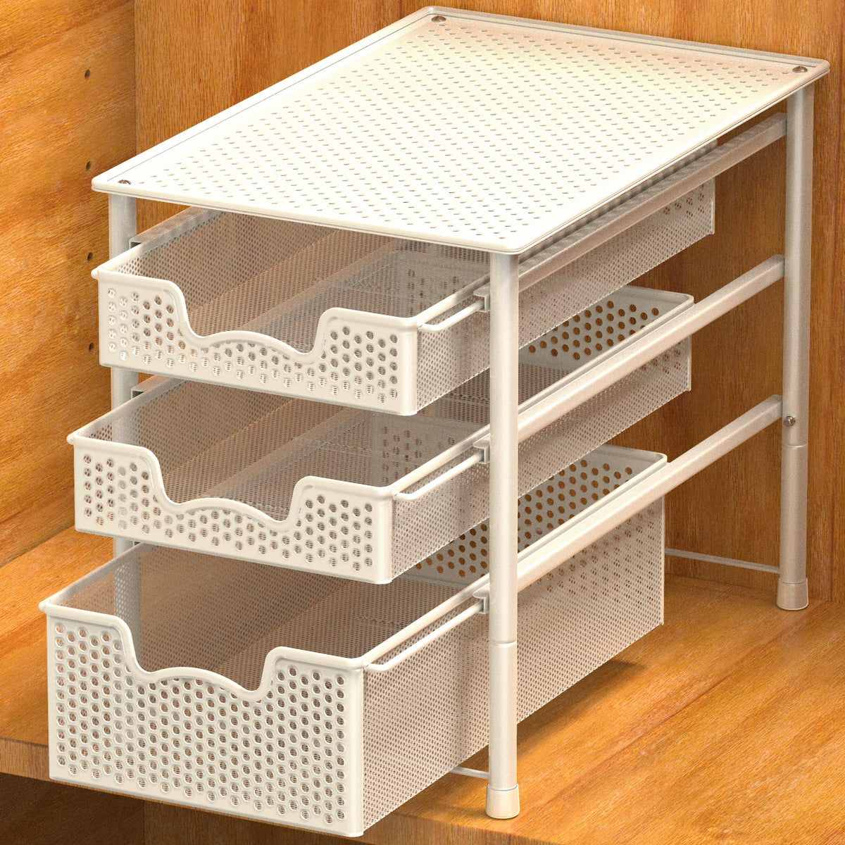Simple Houseware sliding basket top view showing organized cabinet space
