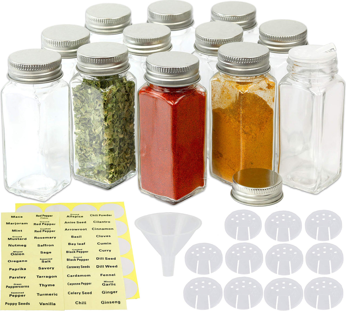 Simple Houseware 12-pack 4-ounce square spice jars organized on a shelf
