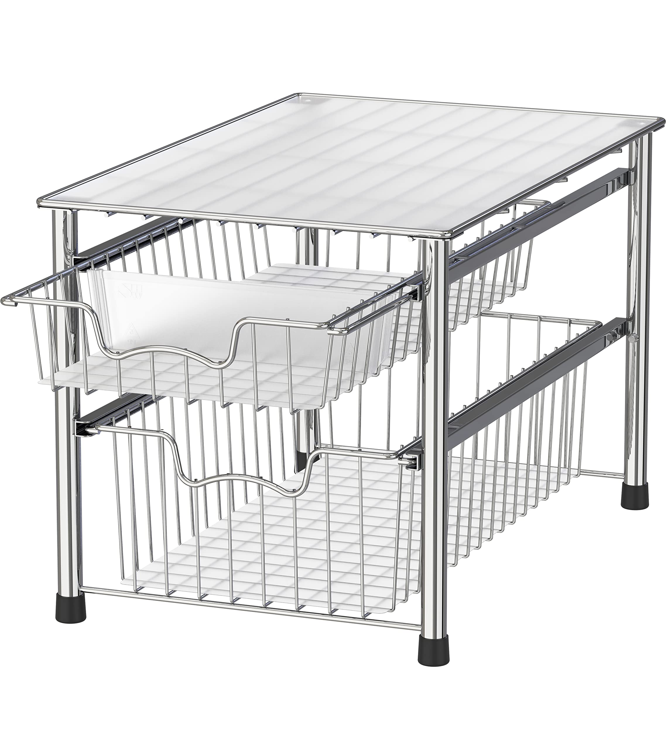 Simple Houseware chrome stackable two-tier sliding basket drawer, front view for cabinet space