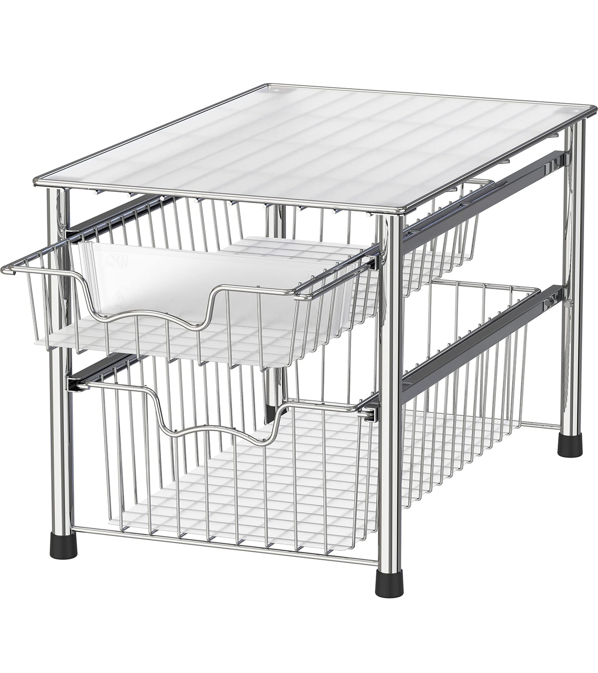 Simple Houseware chrome stackable two-tier sliding basket drawer, front view for cabinet space