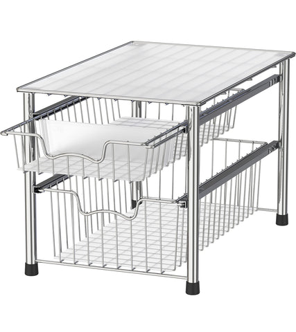 Simple Houseware chrome stackable two-tier sliding basket drawer, front view for cabinet space