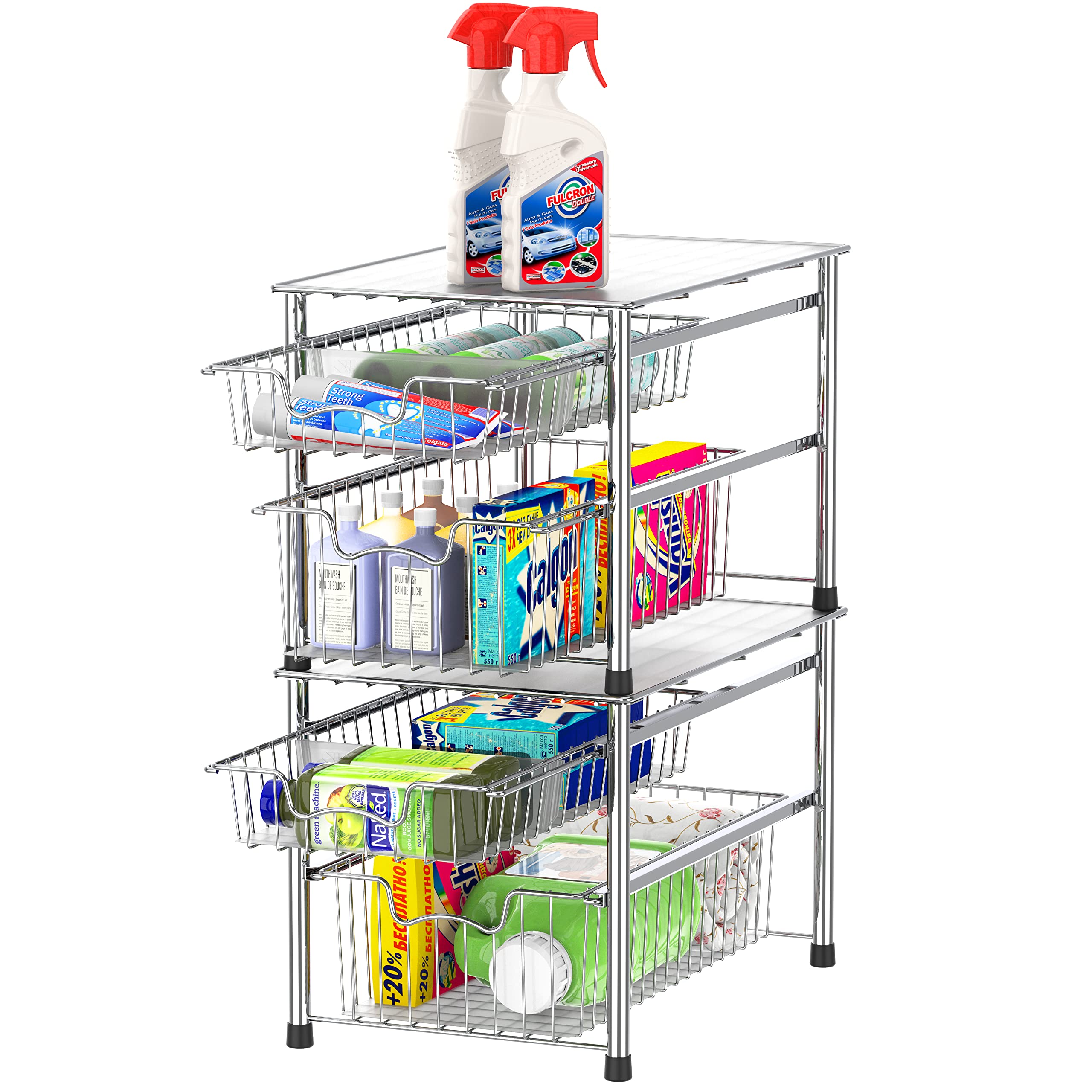 Simple Houseware chrome kitchen storage shown in a pantry setup