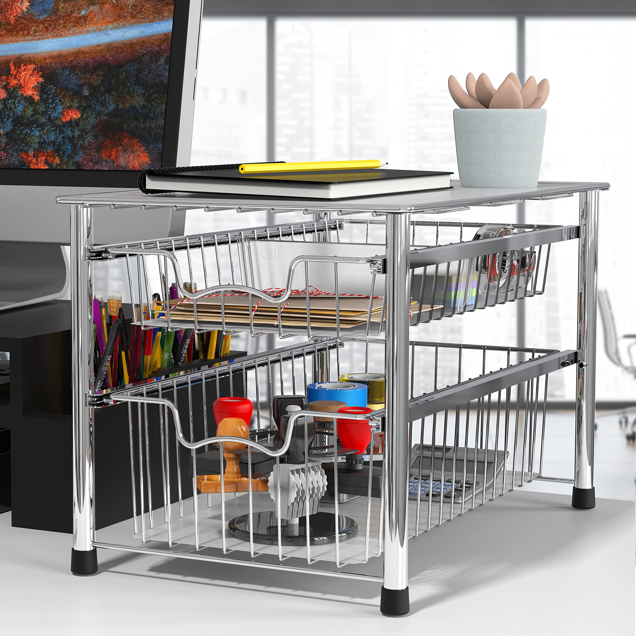 Simple Houseware chrome sliding basket drawer open to reveal easy access