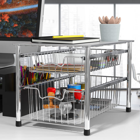 Simple Houseware chrome sliding basket drawer open to reveal easy access