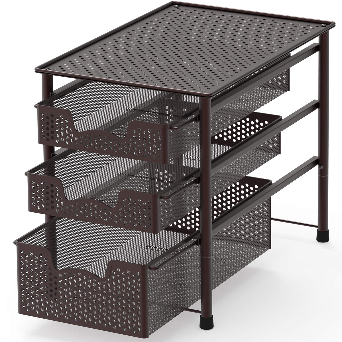 Simple Houseware stackable 3-tier bronze basket front view for accessible storage.