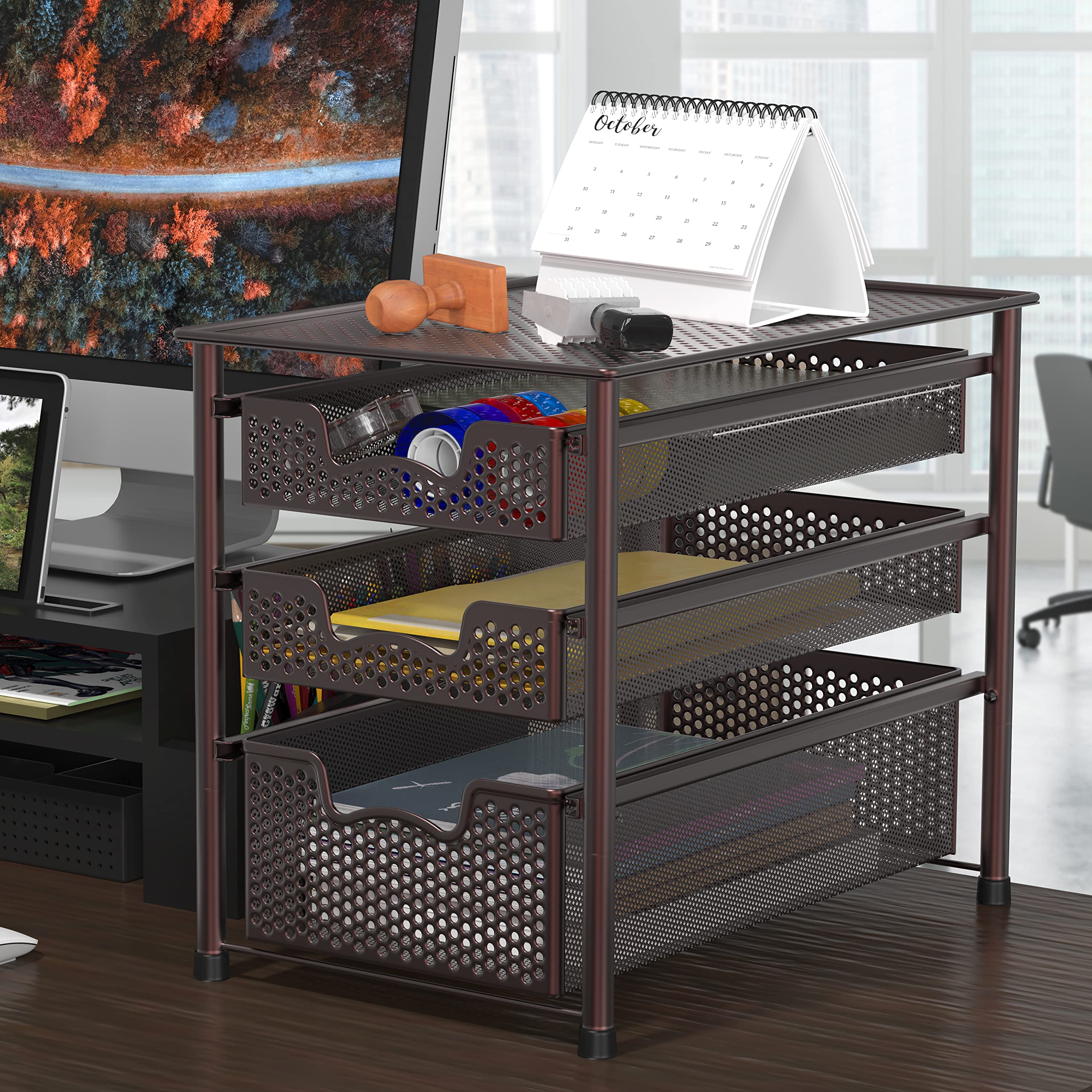 Simple Houseware stackable 3-tier bronze basket with drawers open for easy reach.