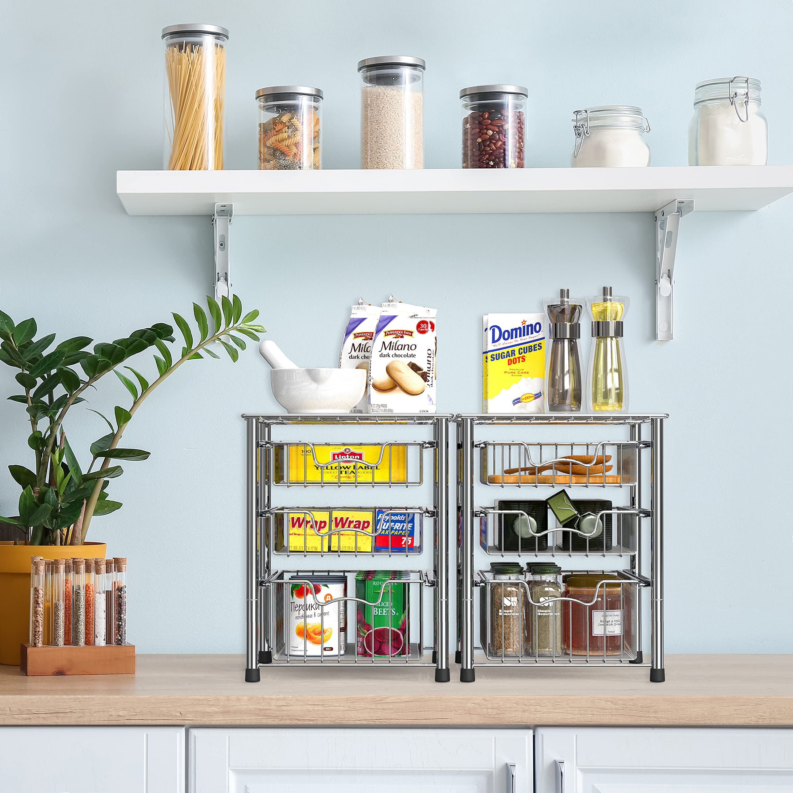 Simple Houseware chrome 3-tier organizer with baskets open for quick viewing.