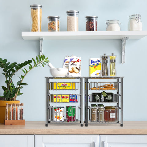Simple Houseware chrome 3-tier organizer with baskets open for quick viewing.
