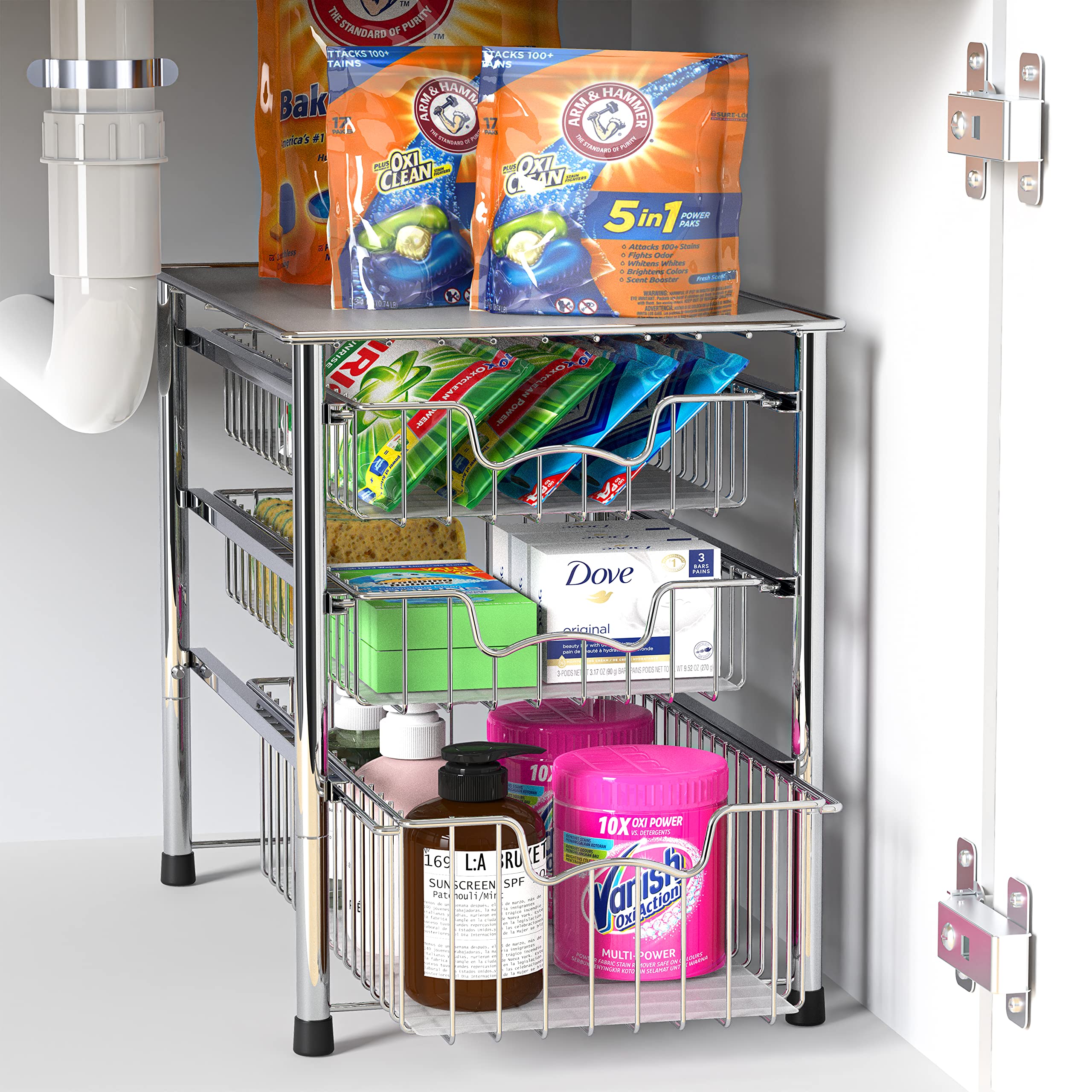 Simple Houseware chrome 3-tier drawer with size details and clear layout.