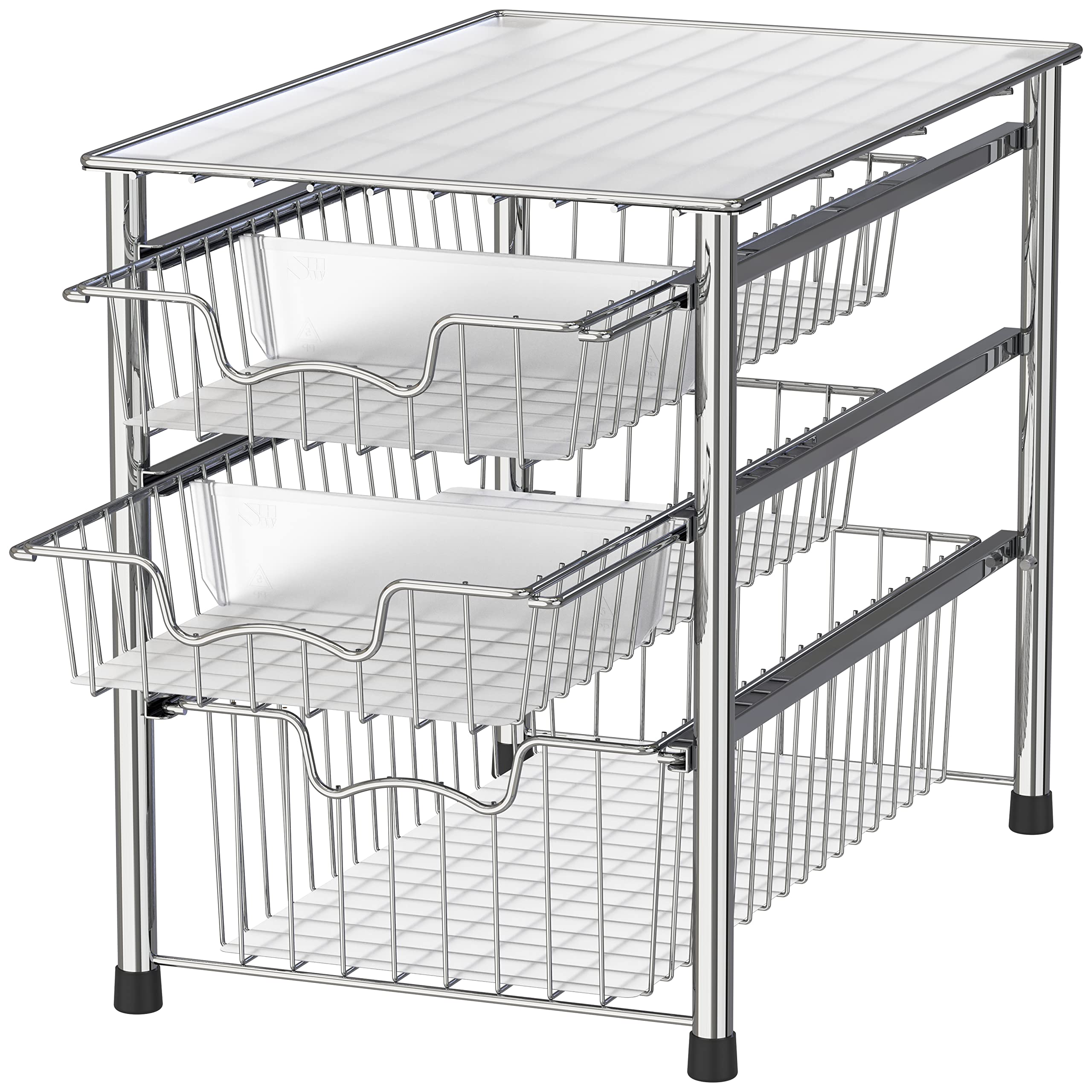 Simple Houseware stackable 3-tier sliding basket in chrome for easy access in small spaces.