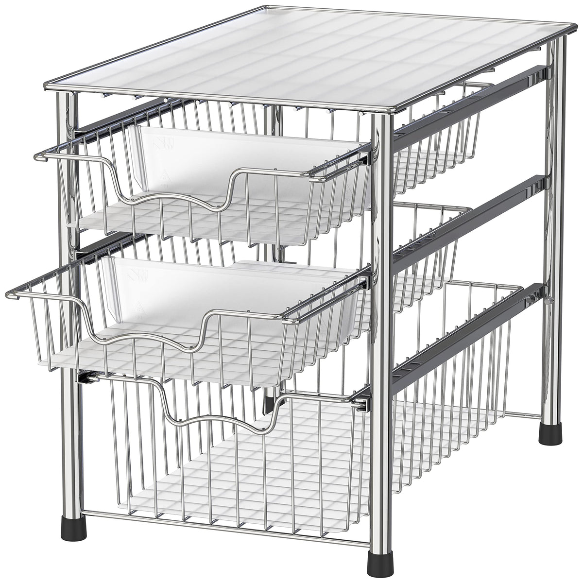 Simple Houseware stackable 3-tier sliding basket in chrome for easy access in small spaces.