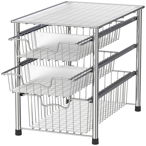 Simple Houseware stackable 3-tier sliding basket in chrome for easy access in small spaces.