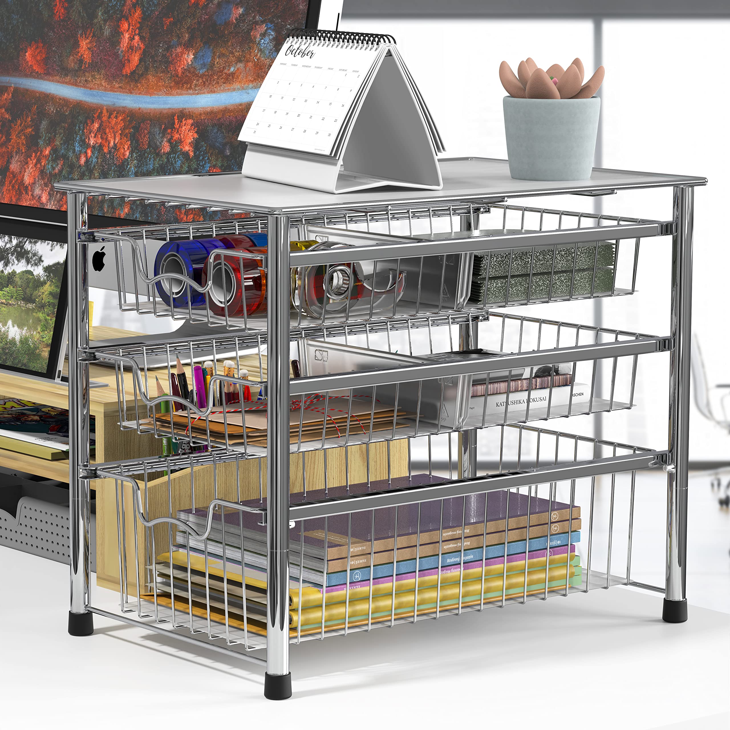Simple Houseware chrome organizer in the kitchen for organized storage.