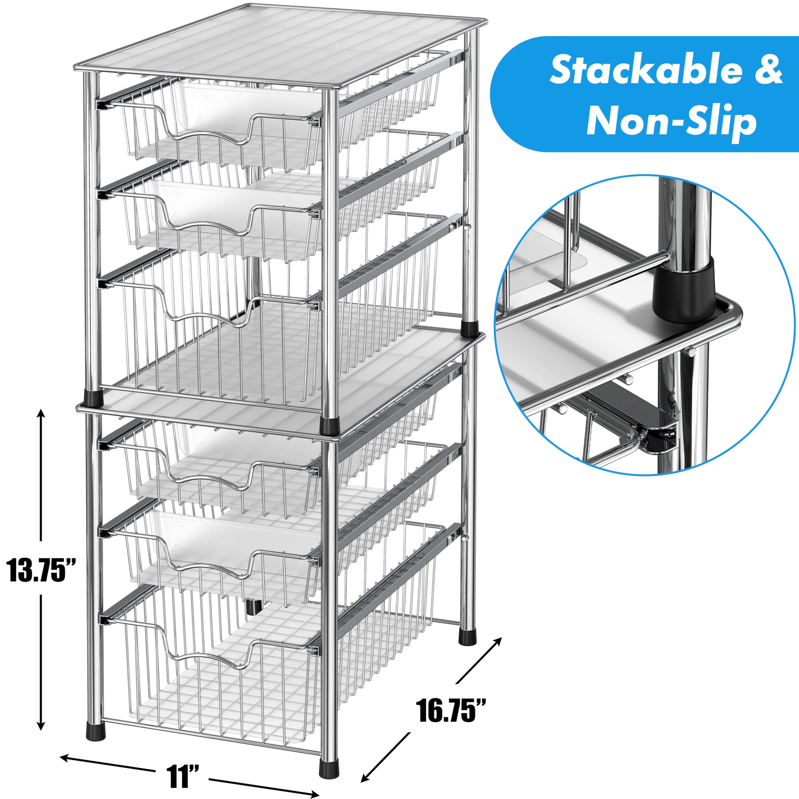 Simple Houseware stackable chrome baskets maximizing cabinet space.