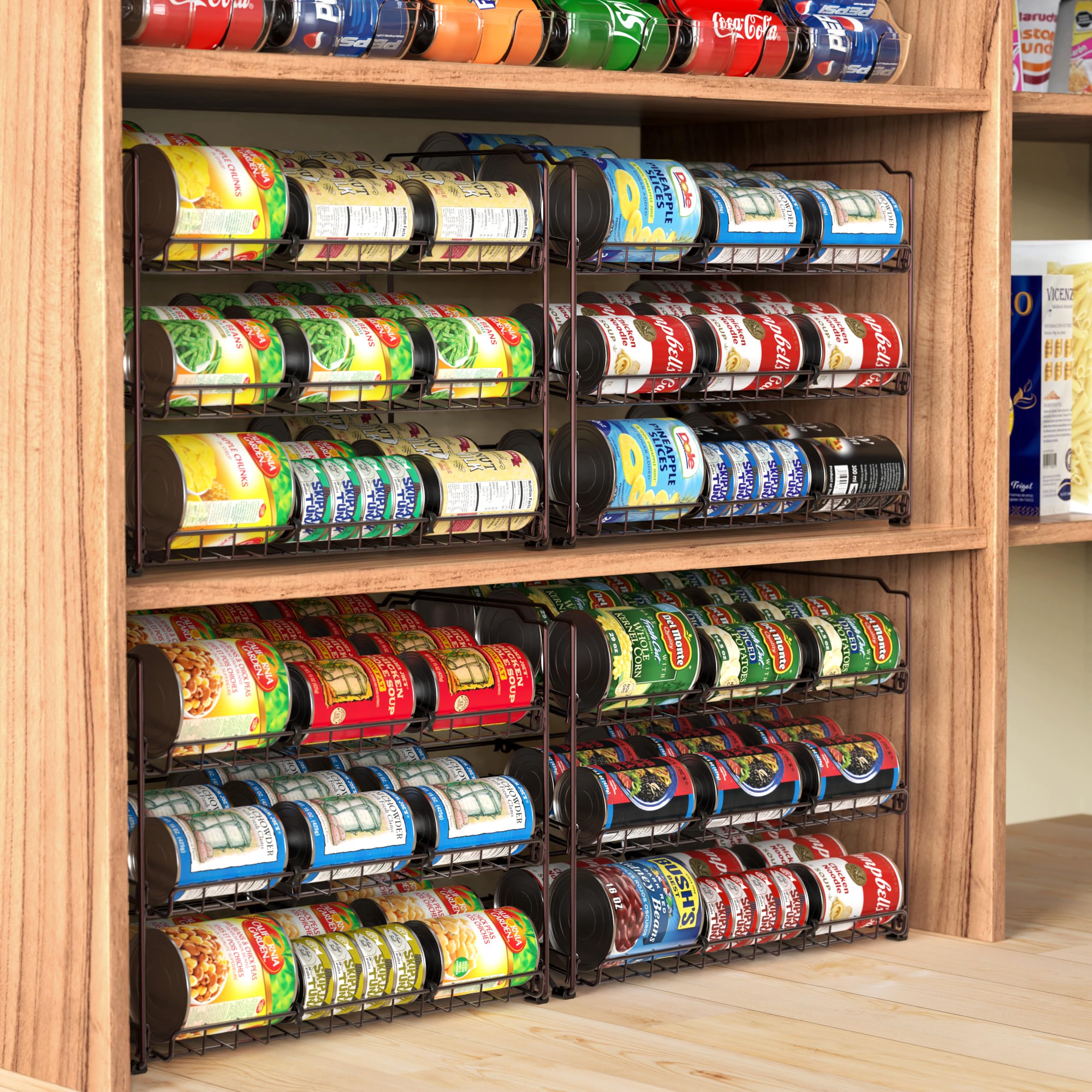 Simple Houseware bronze 3-tier design keeps cans organized and accessible.