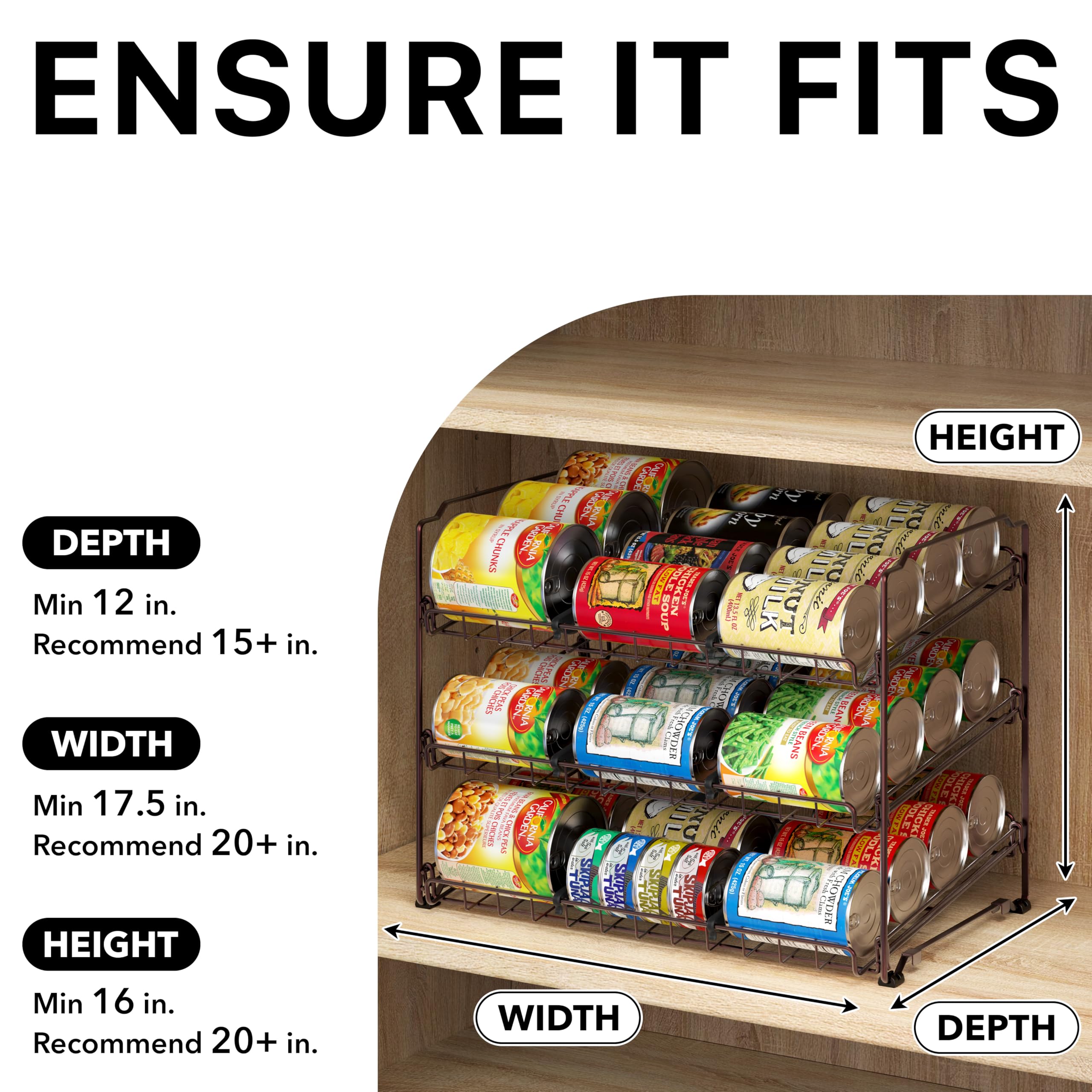 Simple Houseware rack includes 6 movable dividers for varying can sizes.