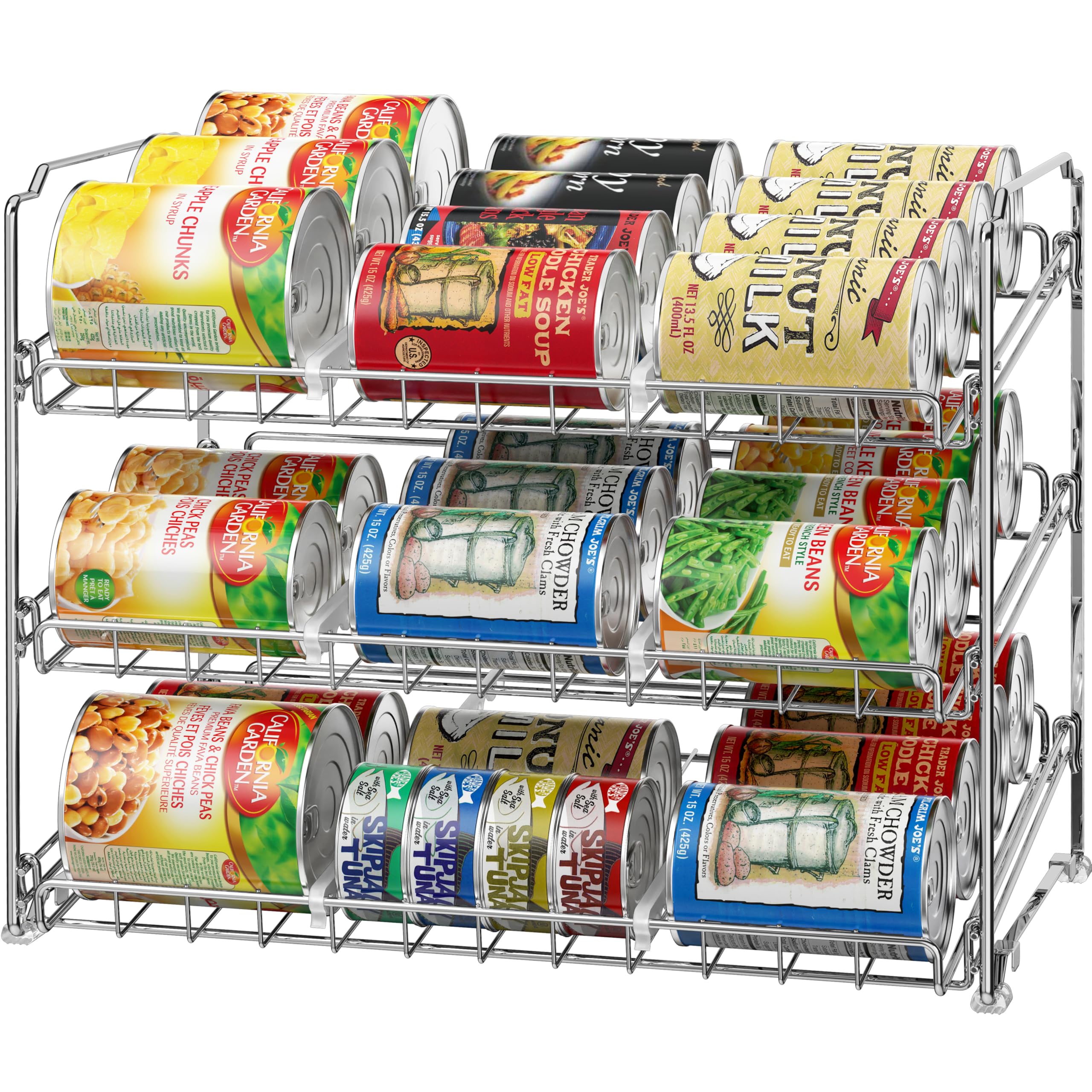 Simple Houseware can organizer rack front view, showcasing three-tier storage for easy pantry access.