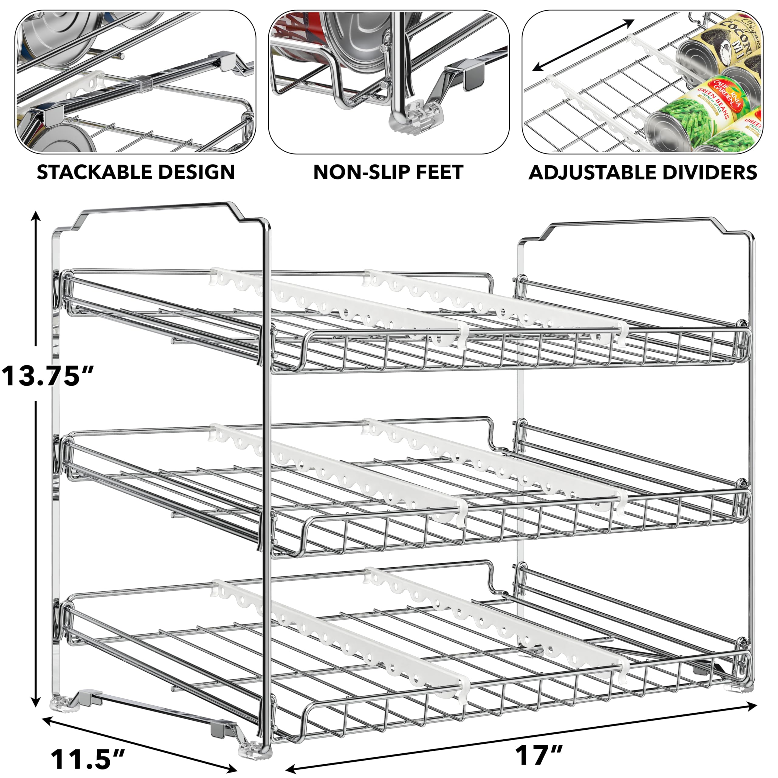 Simple Houseware stackable can organizer rack three-tier setup optimized for FIFO can rotation.