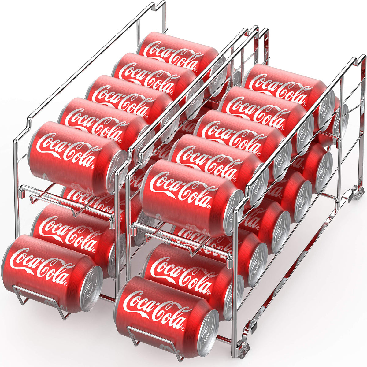 Simple Houseware can dispenser rack in chrome for easy front loading and organized fridge storage.