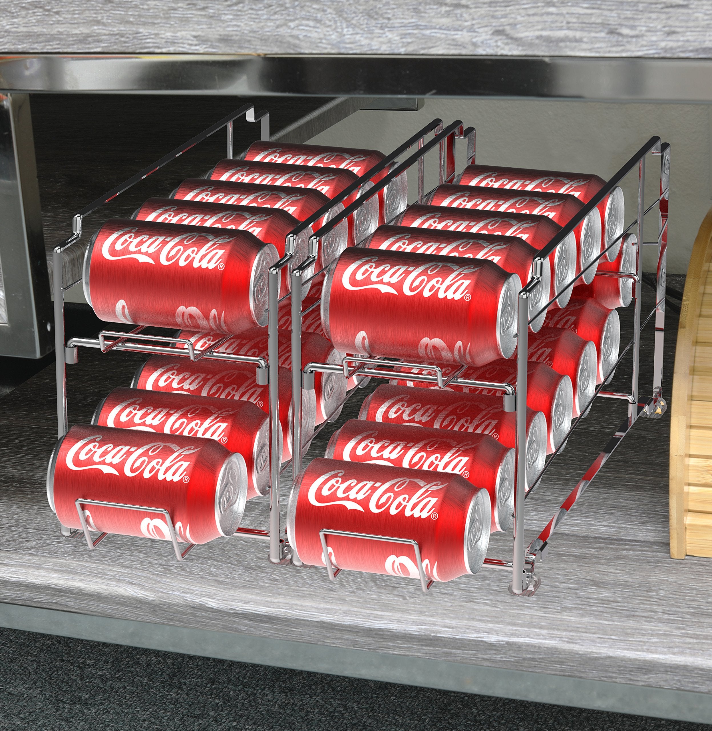 Sturdy metal construction with chrome finish improves kitchen organization.