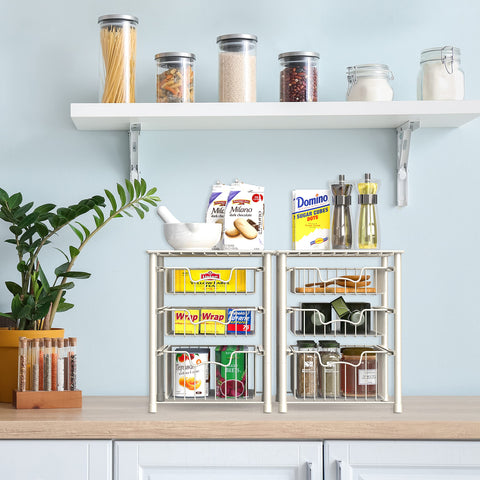 Simple Houseware stackable storage in kitchen maximizes cabinet space