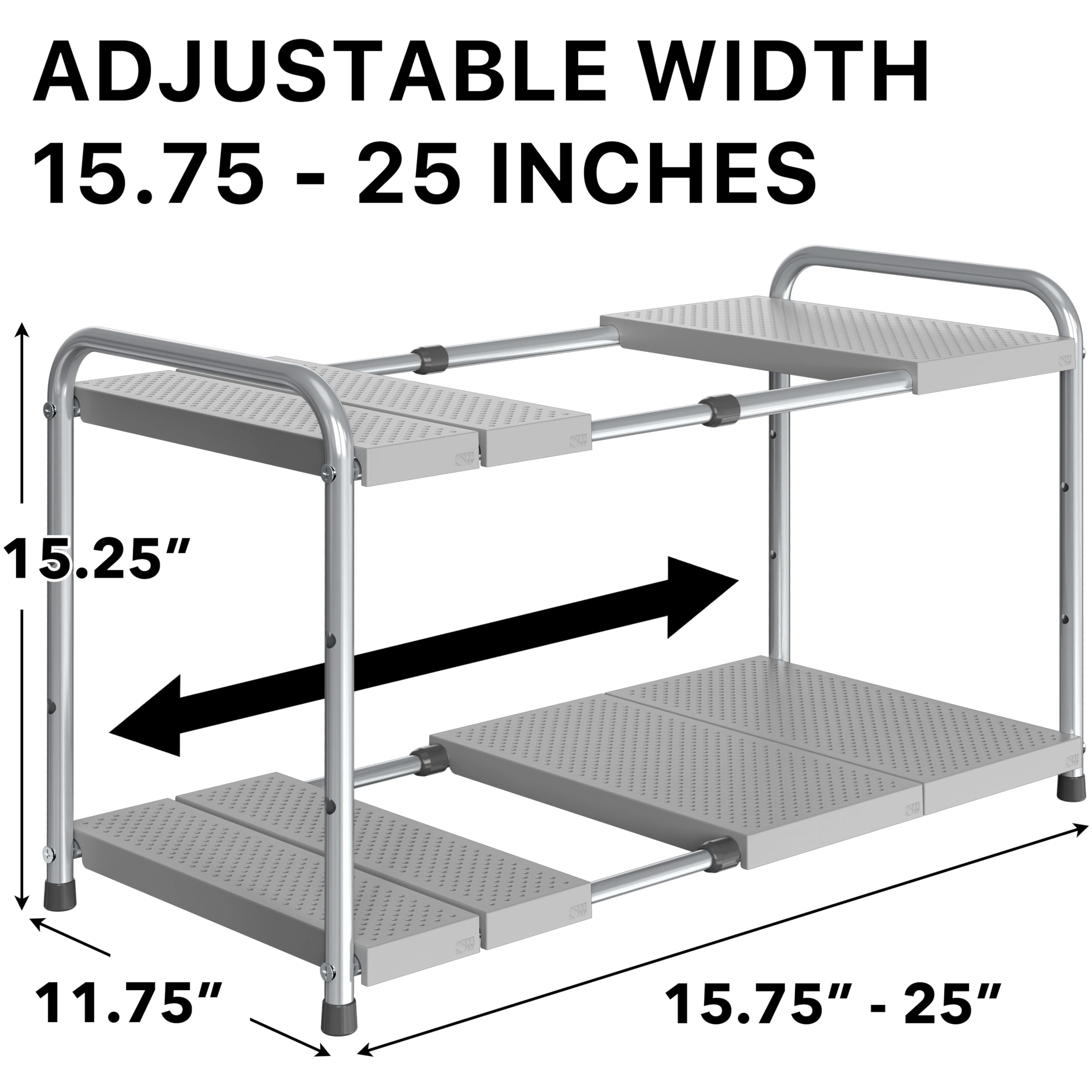 Simple Houseware under-sink rack with four adjustable heights adapts around plumbing.