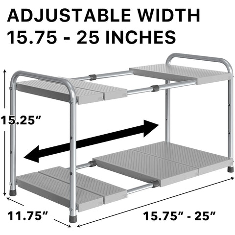 Simple Houseware under-sink rack with four adjustable heights adapts around plumbing.