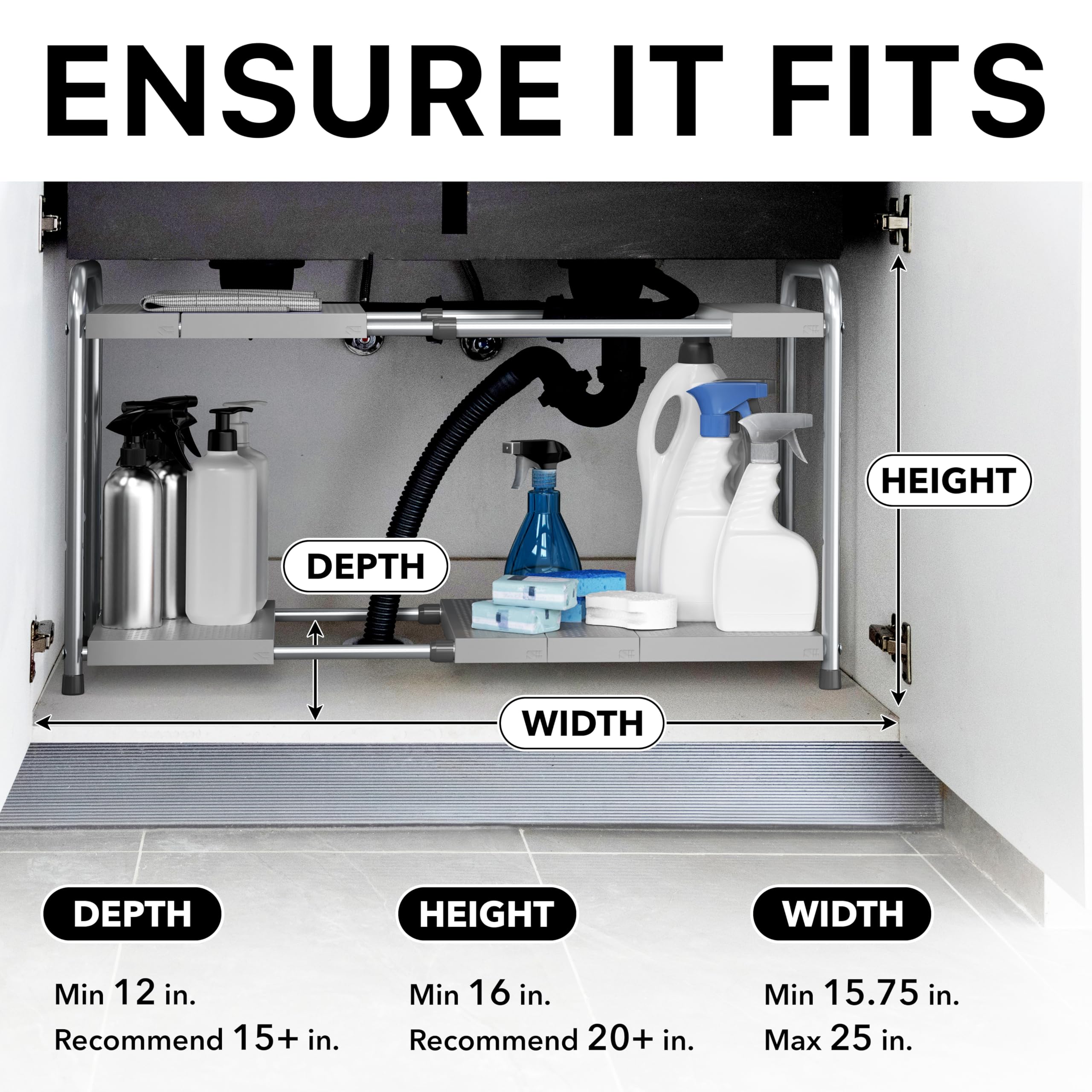 Simple Houseware under-sink rack with removable panels for customized storage.