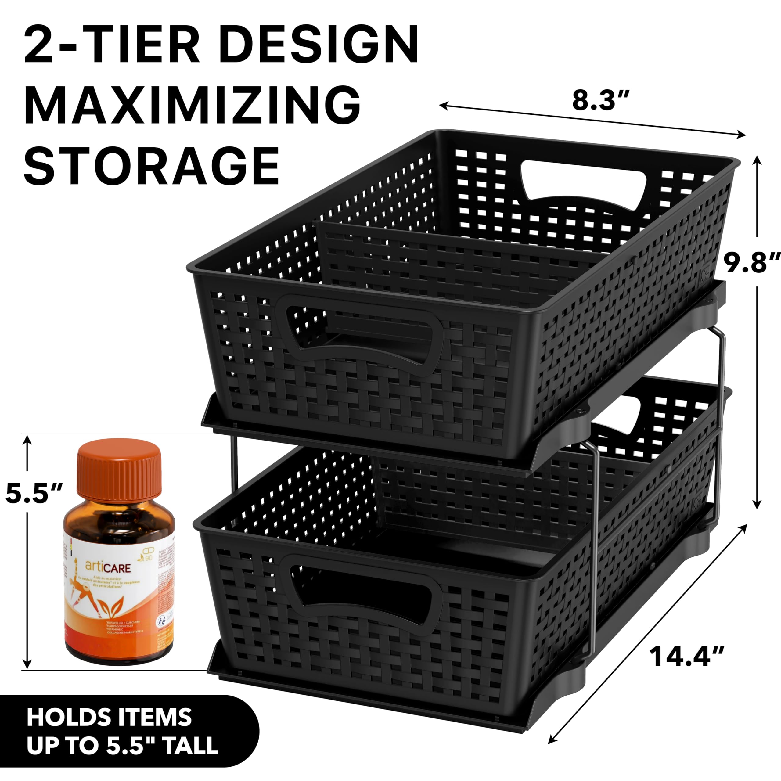 Simple Houseware under-sink storage baskets are removable for easy refills and quick rearrangement.