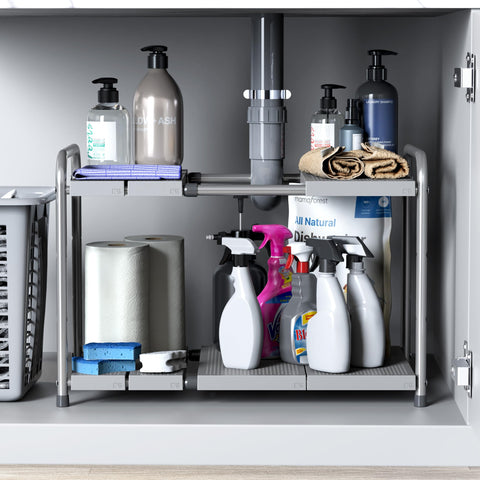 Simple Houseware under-sink organizer helps store cleaning supplies and toiletries.