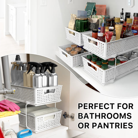 Simple Houseware versatile-fit rack fits under cabinets, pantries, or vanity tops.
