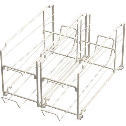 Simple Houseware white metal frame provides sturdy can storage in small spaces.