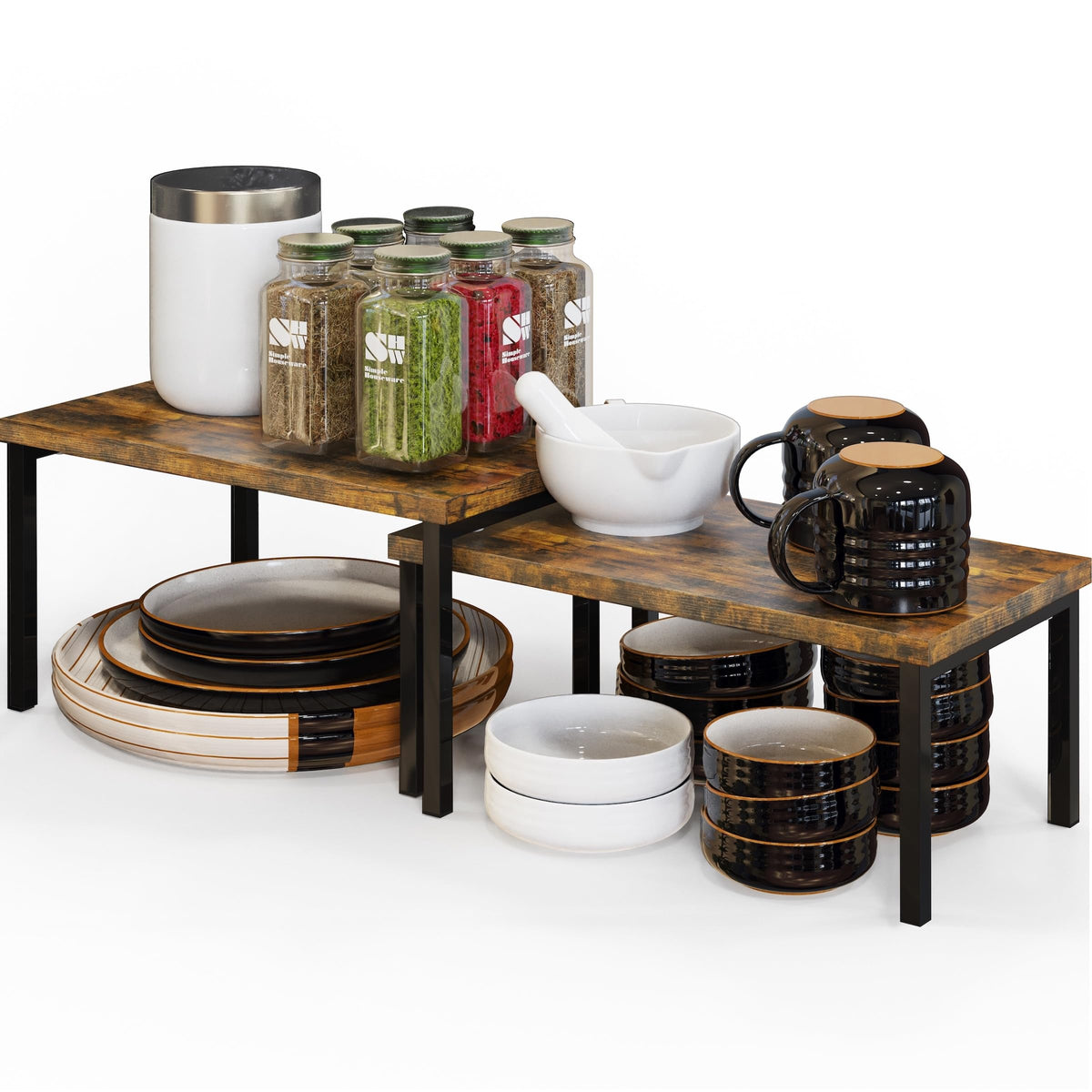 Simple Houseware wooden top expandable stackable shelf in cabinet keeps plates neatly organized.