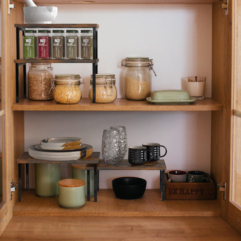 Simple Houseware wooden top expandable stackable shelf on counter for cups and bottles.
