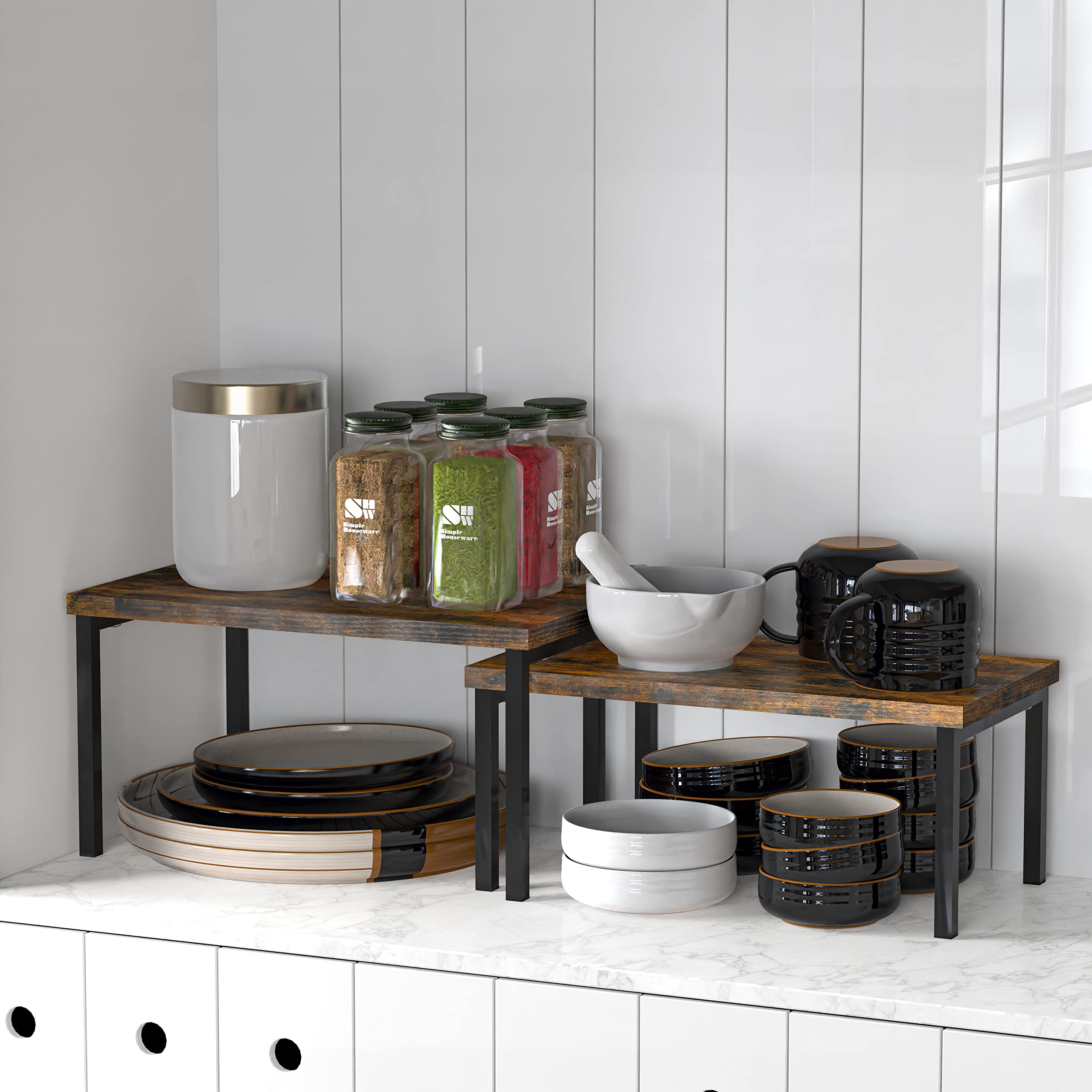 Simple Houseware wooden top expandable stackable shelf dimensions for kitchen use.