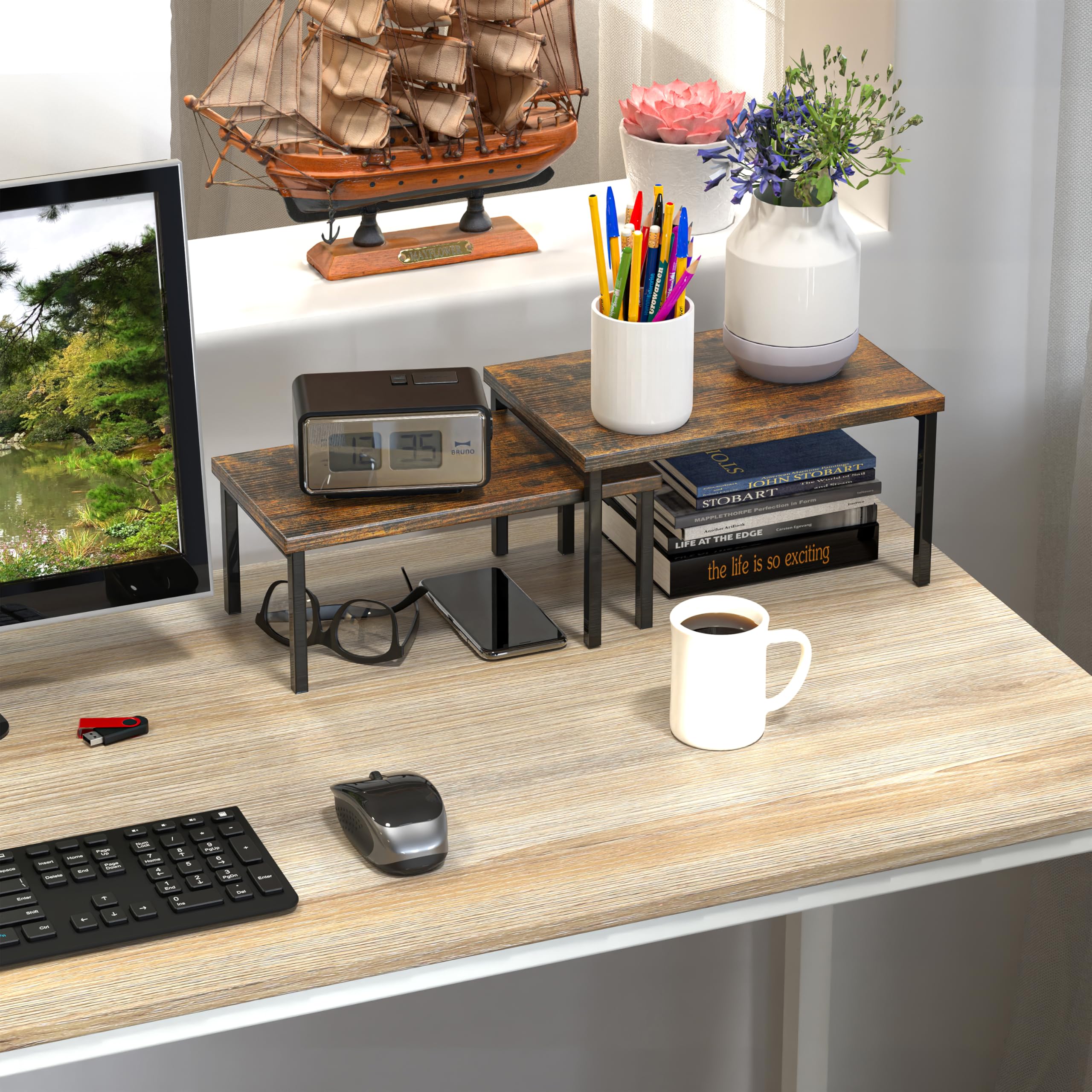 Simple Houseware wooden top expandable stackable shelf with rustic brown finish.